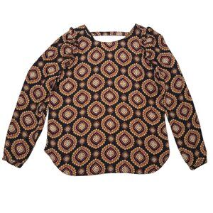 Loft Top Womens Small Brown Geometric Ruffle Long Sleeve Blouse 38 in Chest